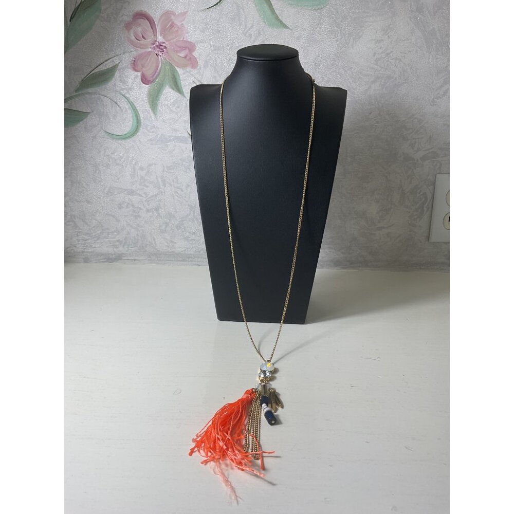 Boho Long Gold Chain Necklace With Orange Tassel & Crystal Accents